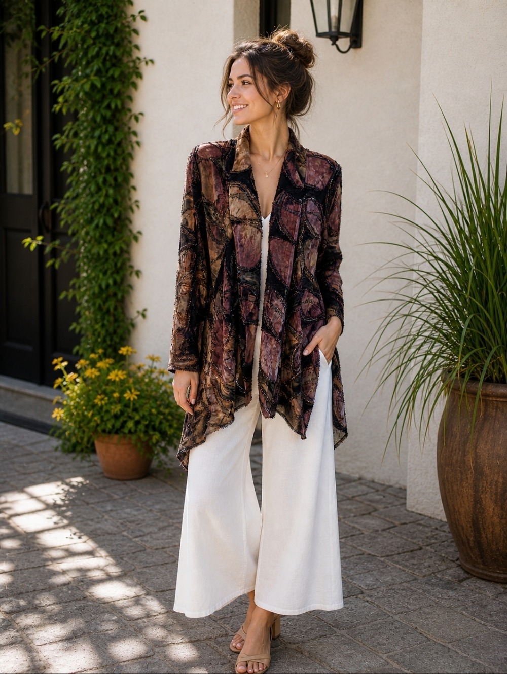 Cativa Open Front Cardigan Watercolor Mesh Lightweight Duster Boho Layering M